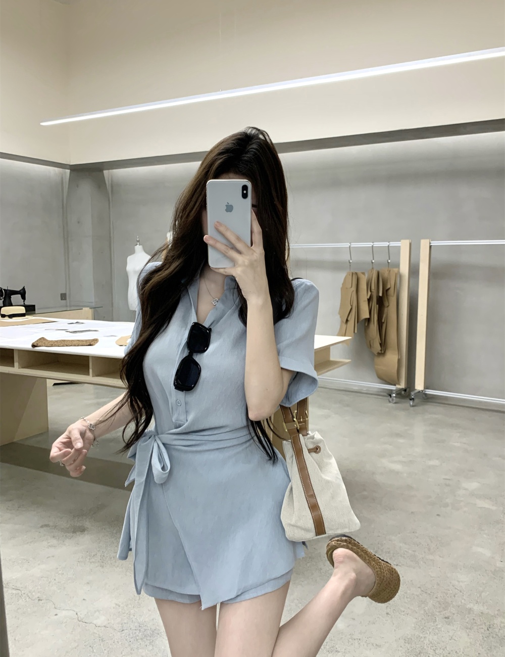 Slim high waist shorts commuting lapel shirt 2pcs set