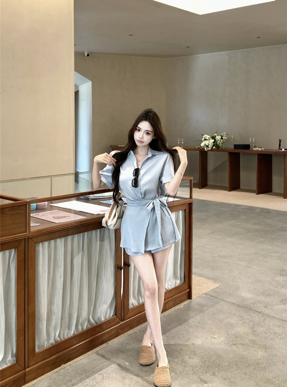 Slim high waist shorts commuting lapel shirt 2pcs set
