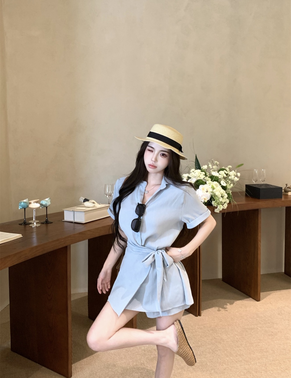 Slim high waist shorts commuting lapel shirt 2pcs set