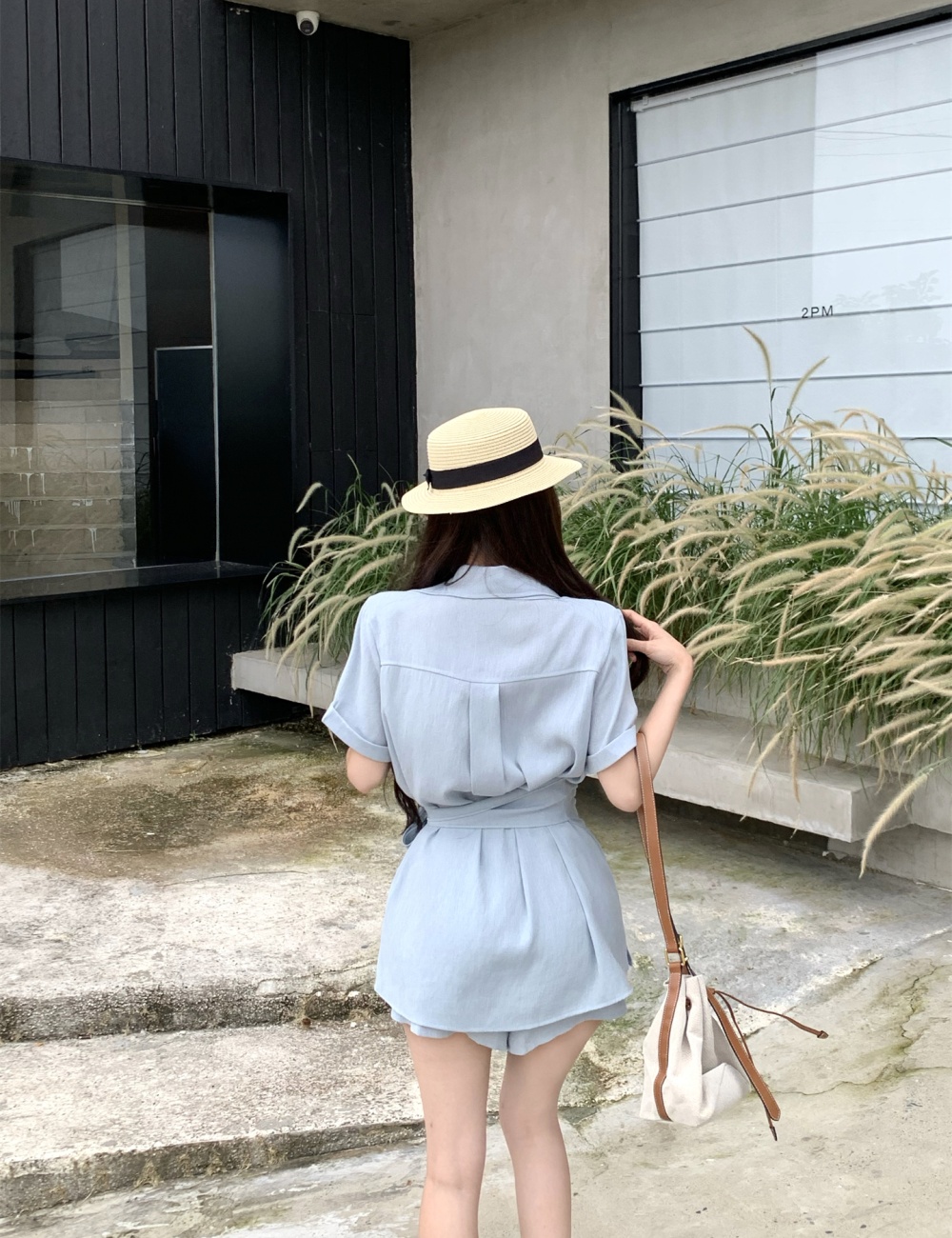 Slim high waist shorts commuting lapel shirt 2pcs set