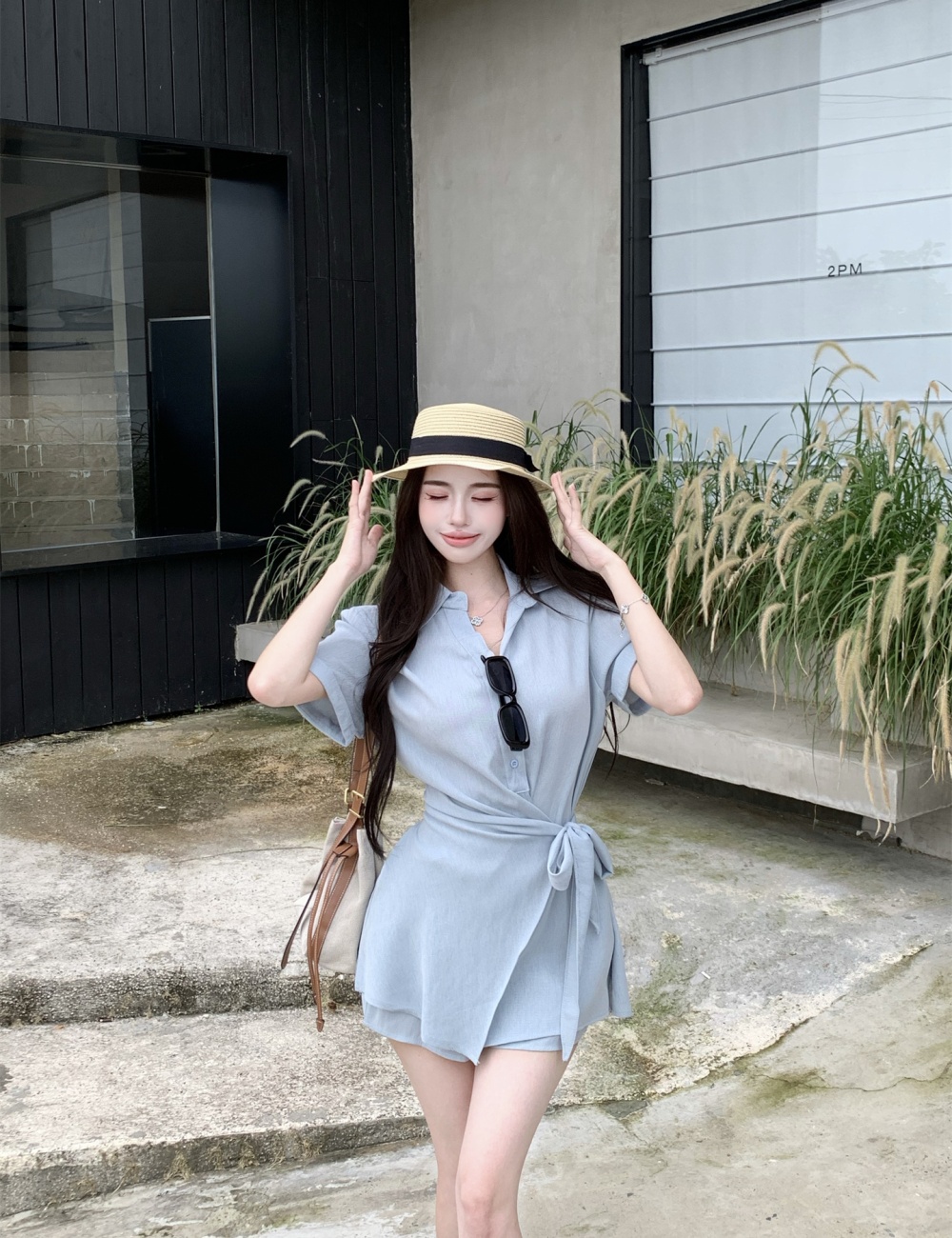 Slim high waist shorts commuting lapel shirt 2pcs set