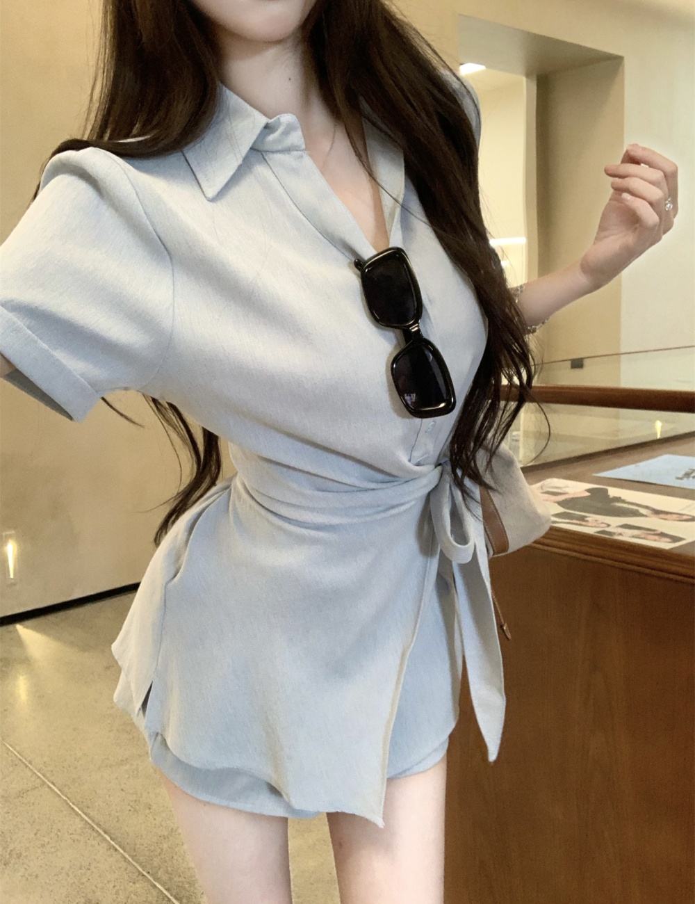 Slim high waist shorts commuting lapel shirt 2pcs set