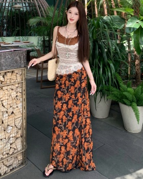 Floral lace sling long skirt spicegirl Pseudo-two vest 2pcs set