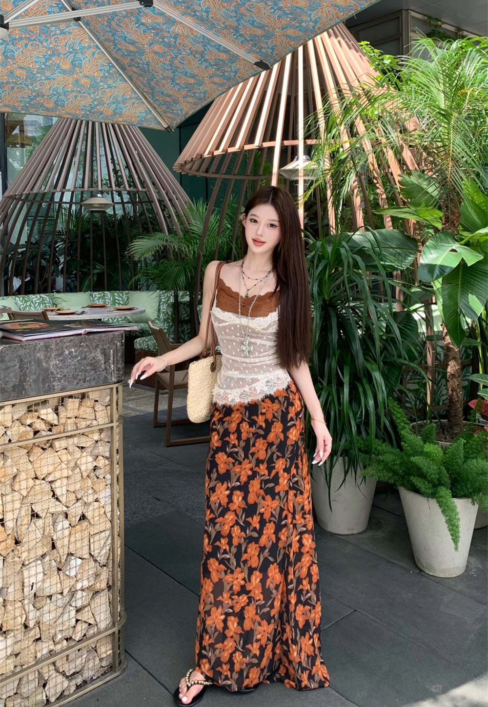 Floral lace sling long skirt spicegirl Pseudo-two vest 2pcs set