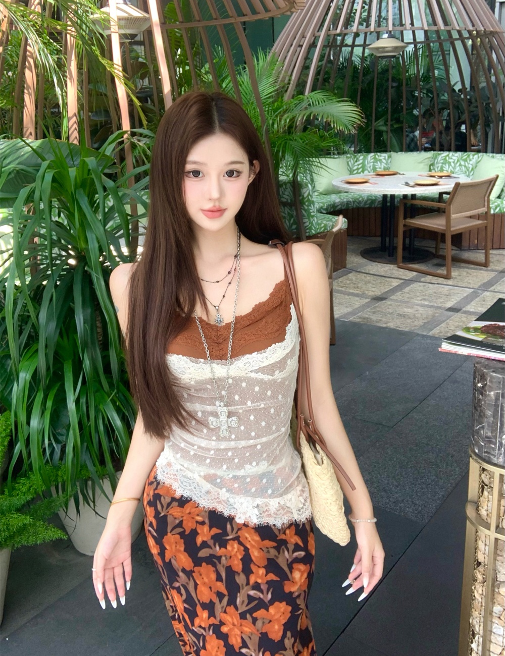 Floral lace sling long skirt spicegirl Pseudo-two vest 2pcs set