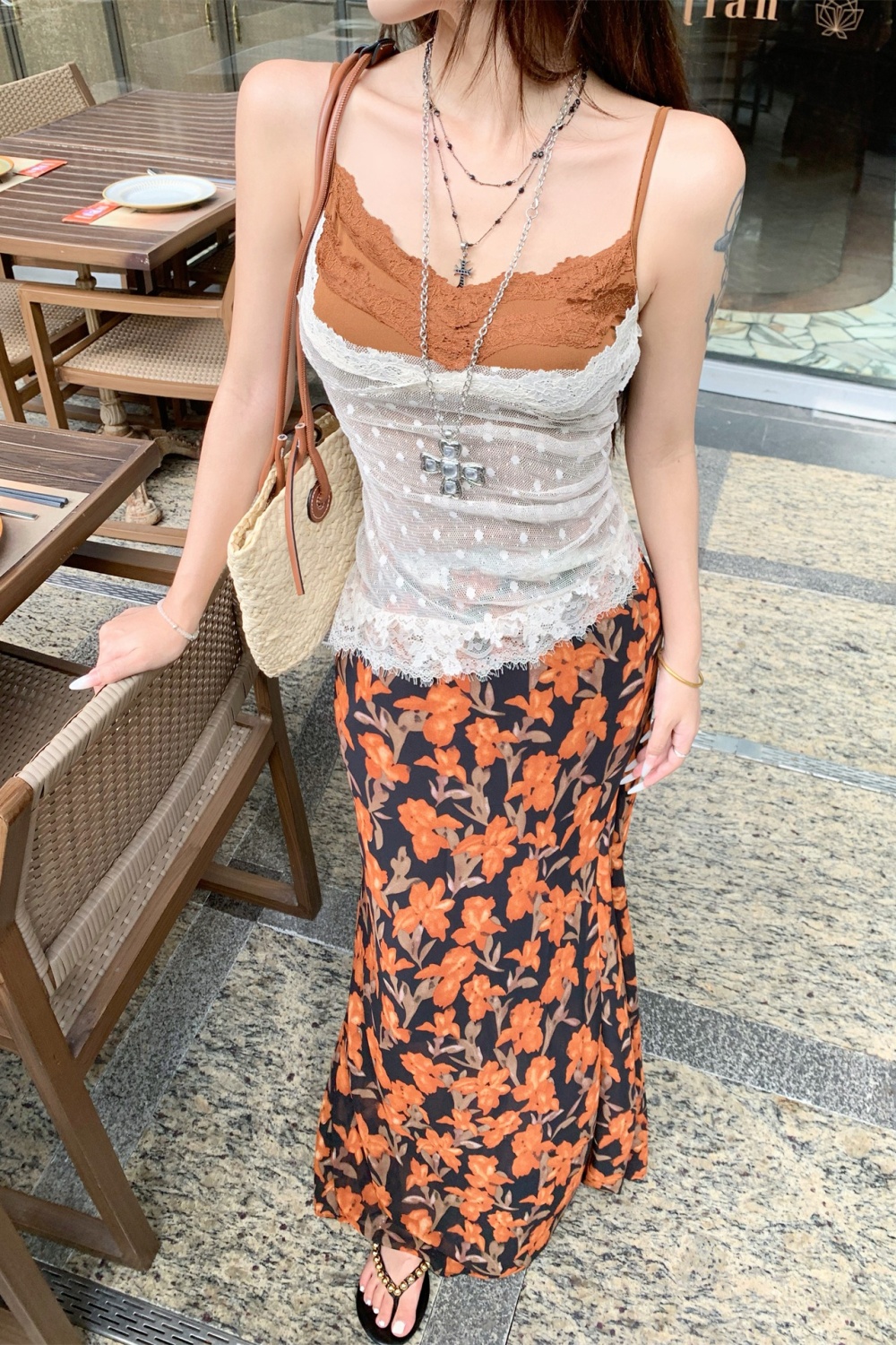 Floral lace sling long skirt spicegirl Pseudo-two vest 2pcs set