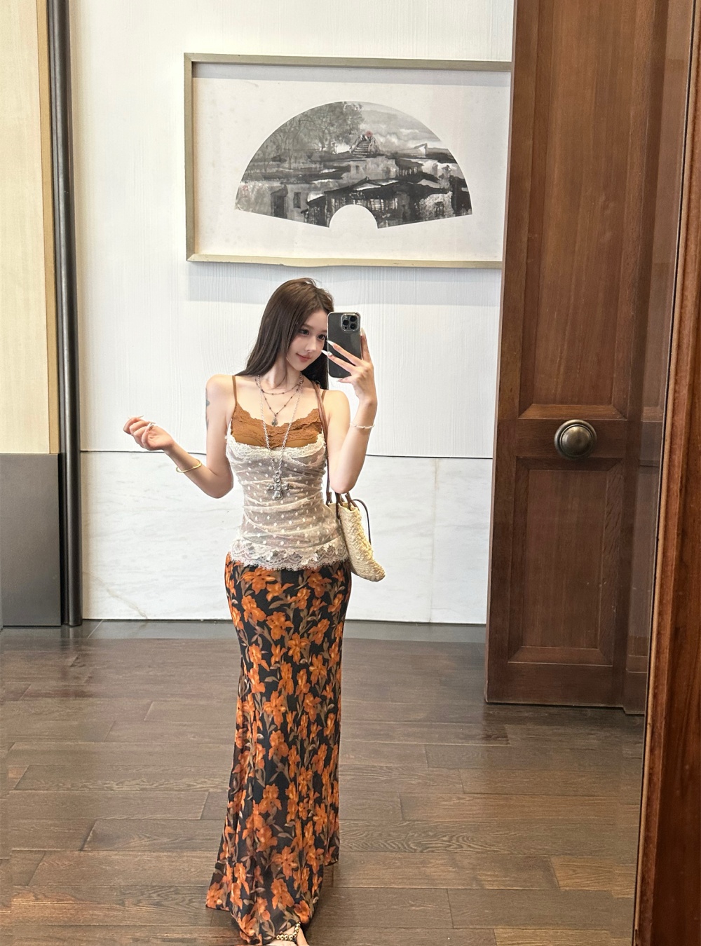 Floral lace sling long skirt spicegirl Pseudo-two vest 2pcs set