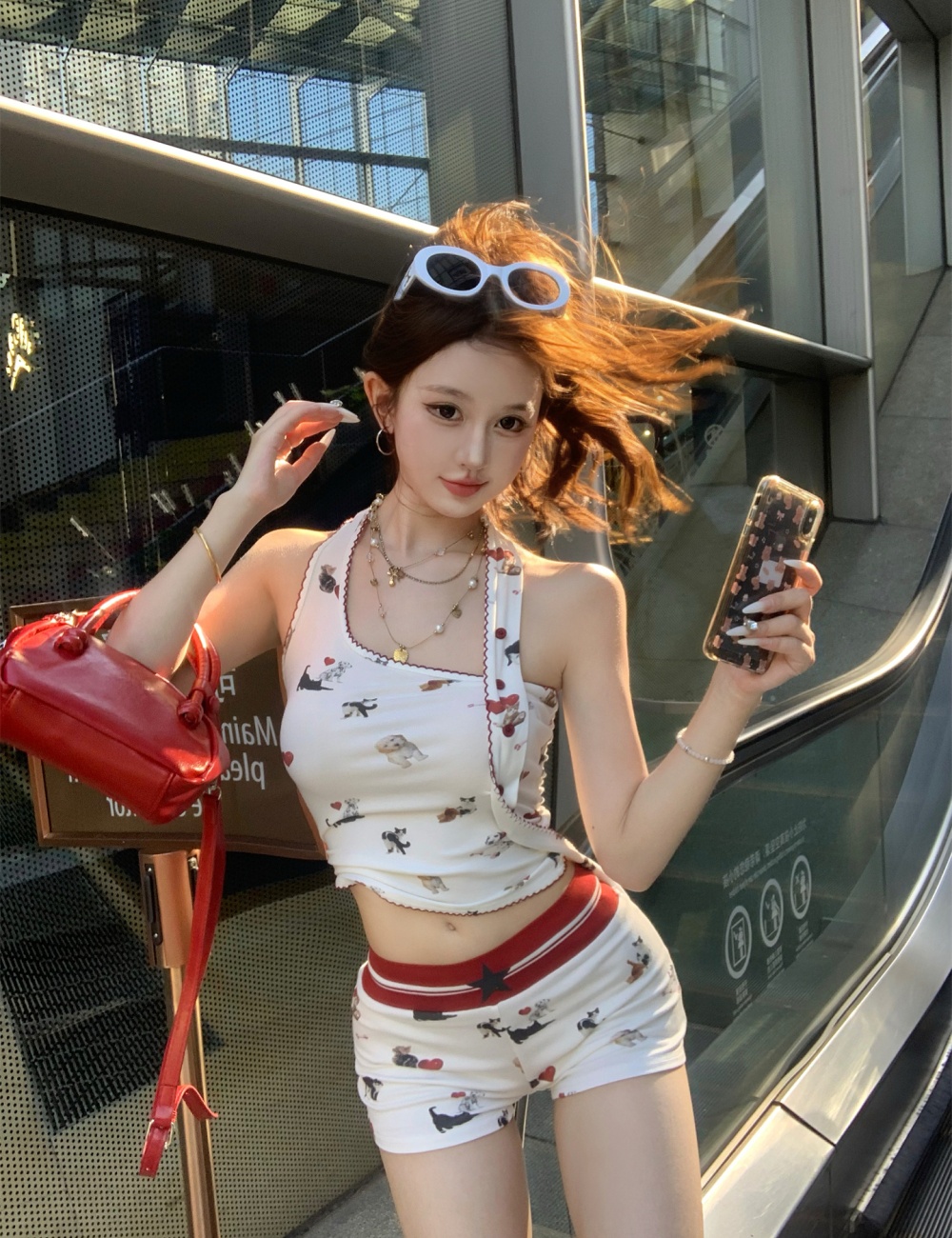 Printing Casual halter vest sling slim tops a set