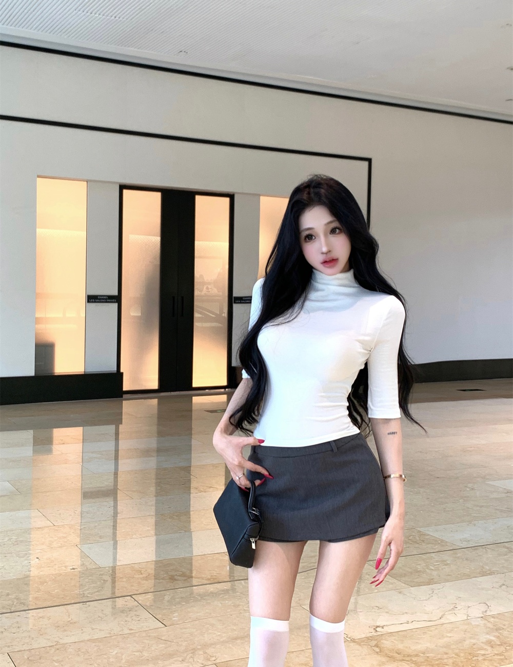 High collar culottes enticement T-shirt 2pcs set for women