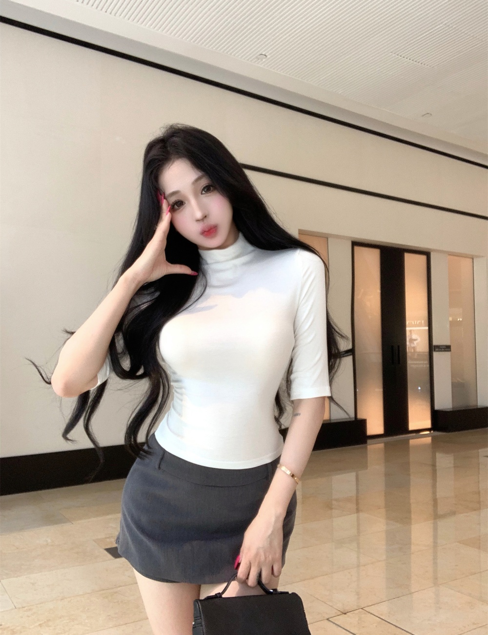 High collar culottes enticement T-shirt 2pcs set for women