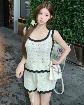 Crochet sling shorts U-neck vest 2pcs set for women