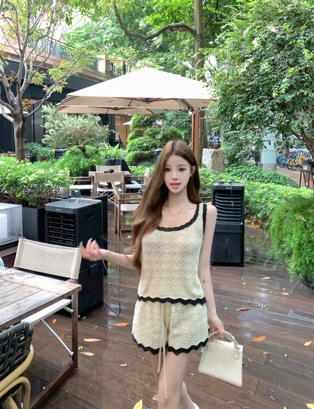 Crochet sling shorts U-neck vest 2pcs set for women
