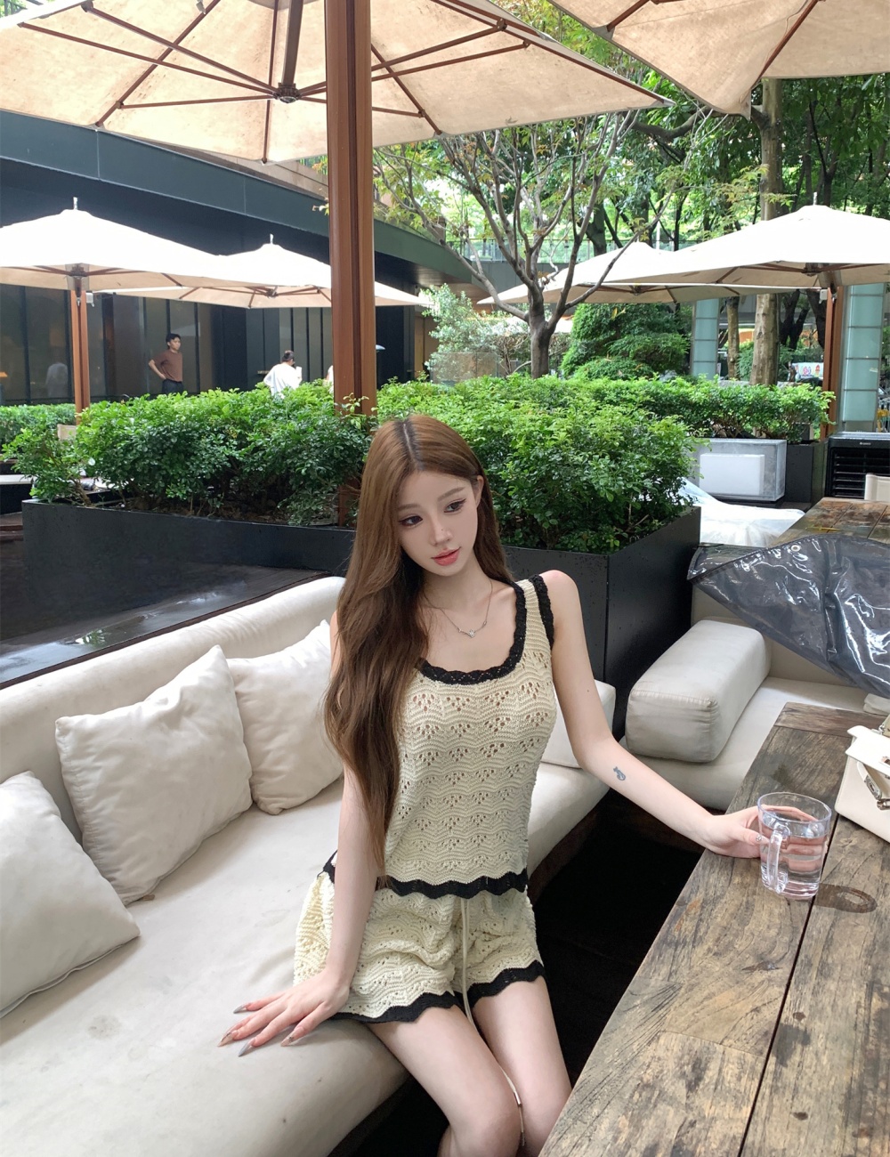Crochet sling shorts U-neck vest 2pcs set for women