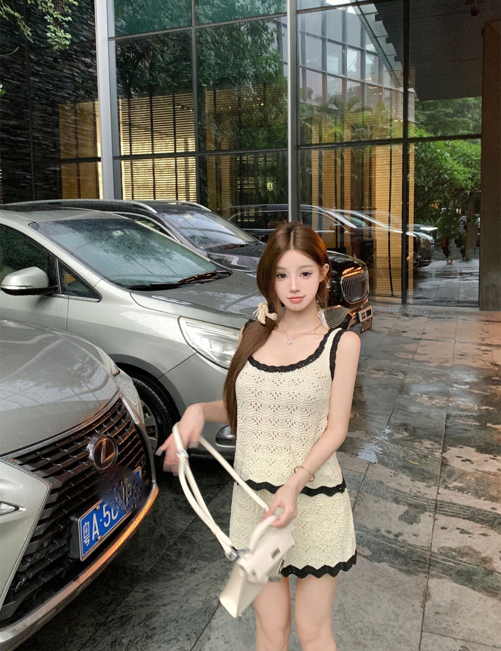 Crochet sling shorts U-neck vest 2pcs set for women