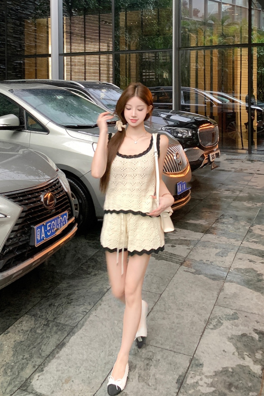 Crochet sling shorts U-neck vest 2pcs set for women