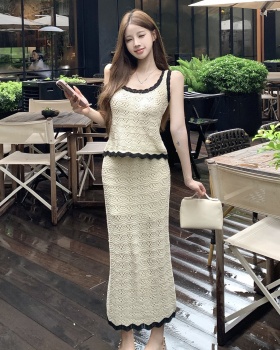 Summer mixed colors vest crochet long skirt 2pcs set for women