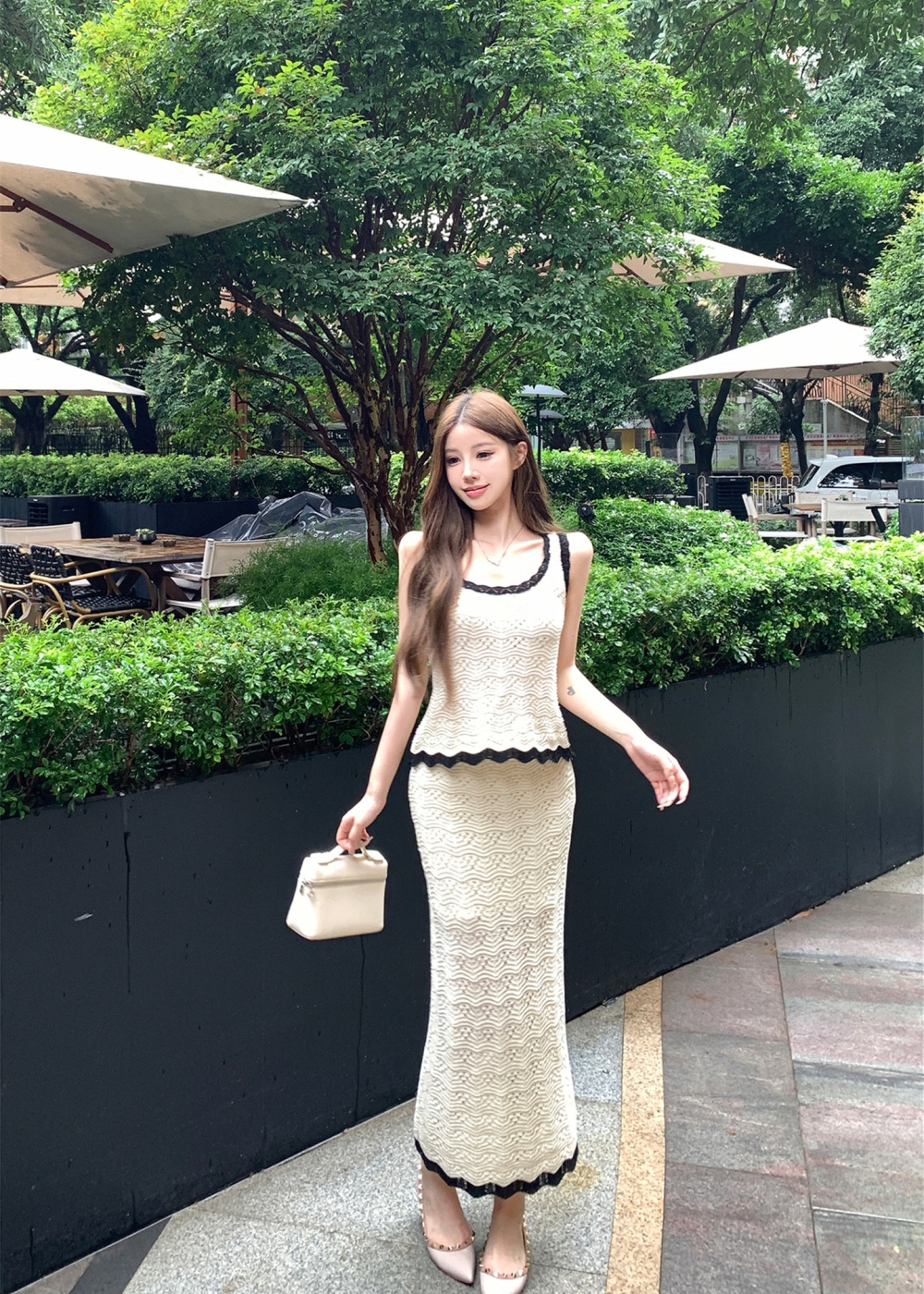 Summer mixed colors vest crochet long skirt 2pcs set for women