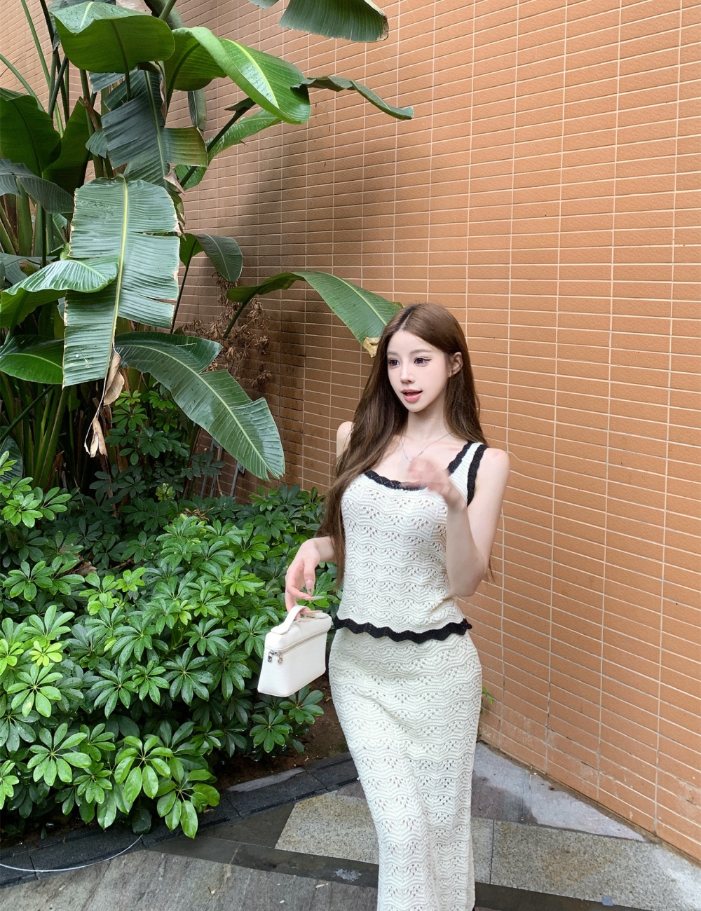 Summer mixed colors vest crochet long skirt 2pcs set for women