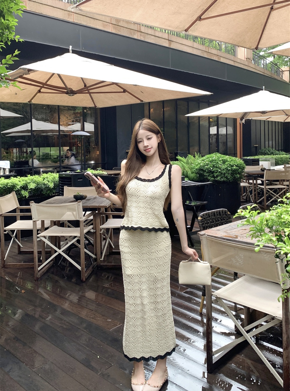 Summer mixed colors vest crochet long skirt 2pcs set for women
