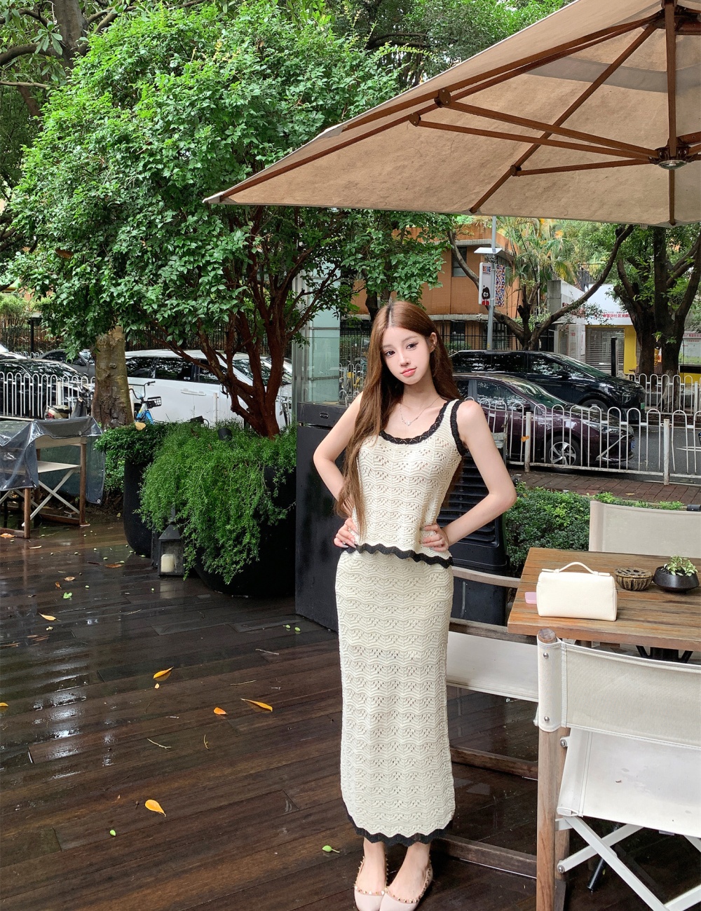 Summer mixed colors vest crochet long skirt 2pcs set for women