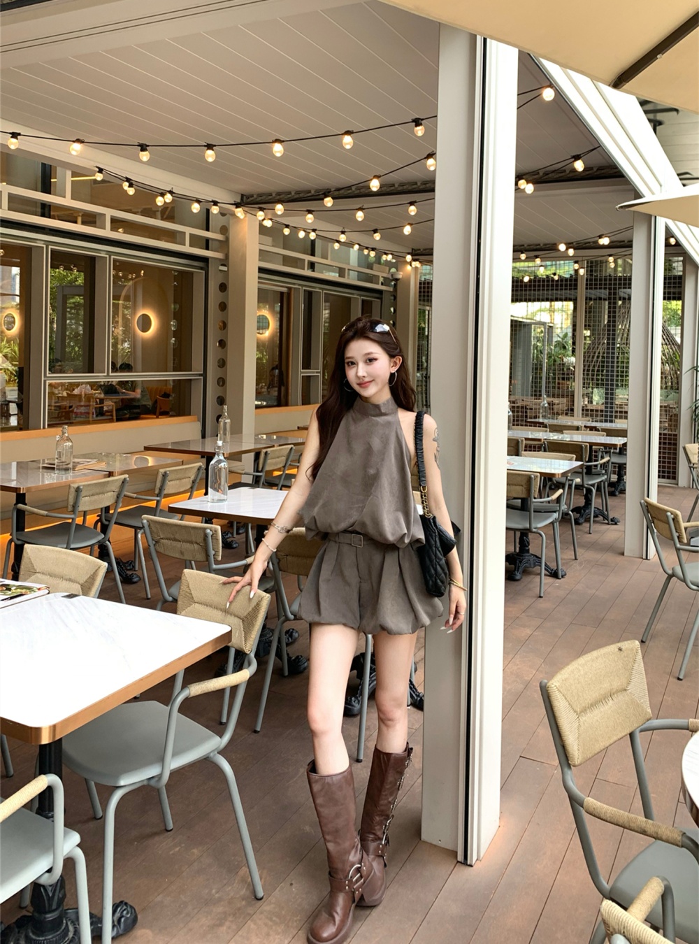 Strapless halter vest summer sloping shoulder shorts 2pcs set