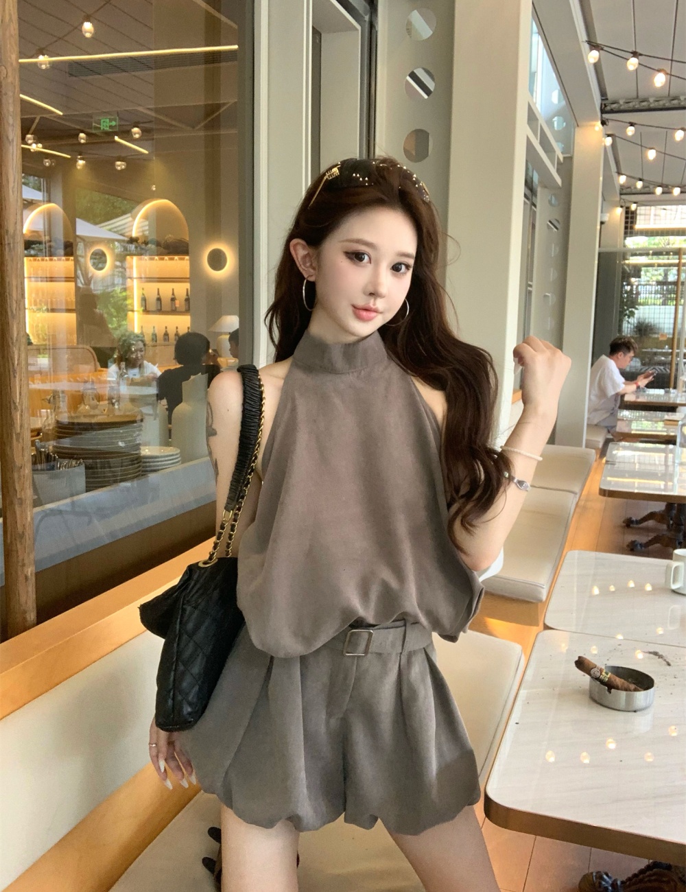 Strapless halter vest summer sloping shoulder shorts 2pcs set