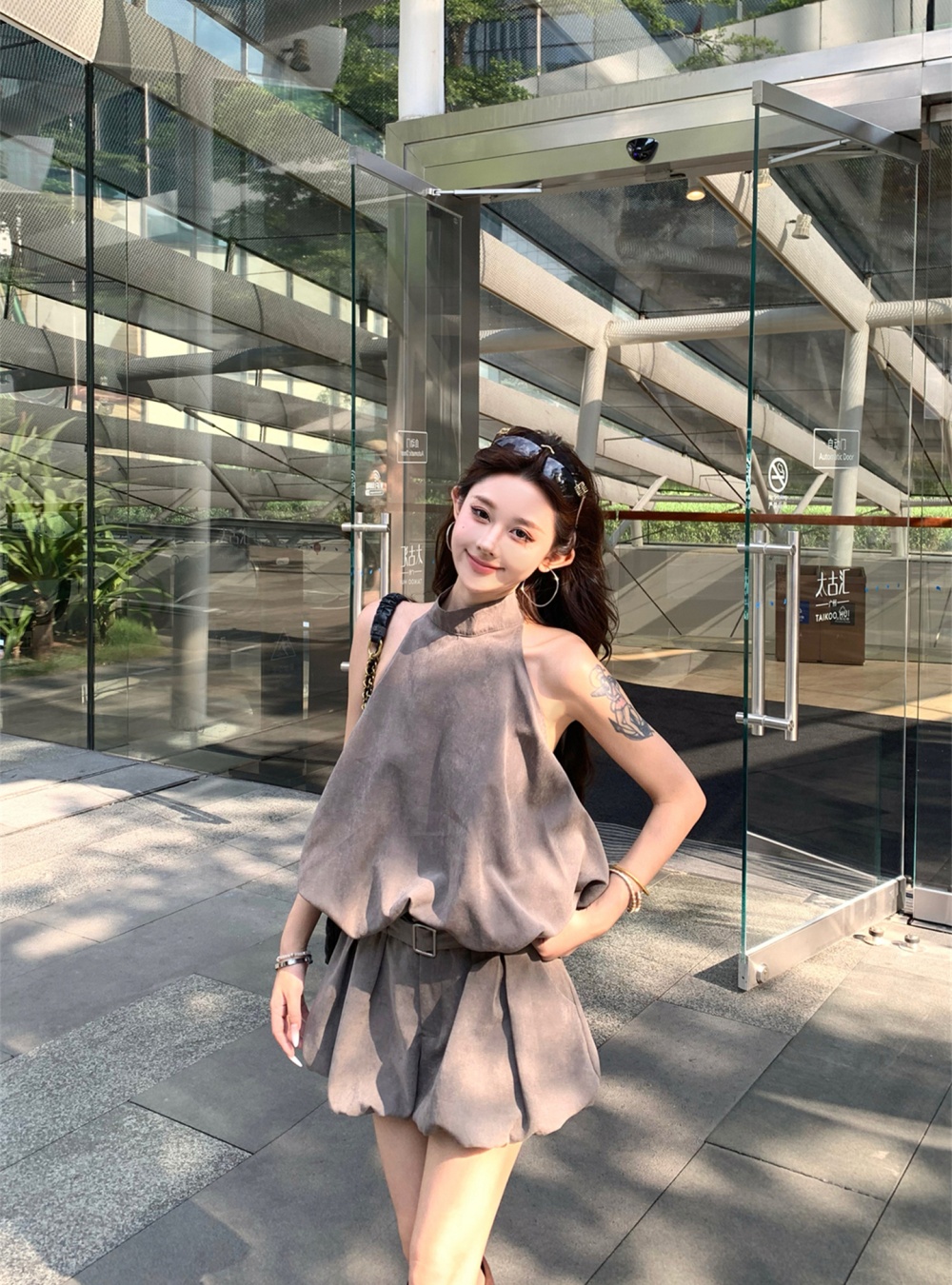 Strapless halter vest summer sloping shoulder shorts 2pcs set