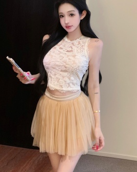 Gauze lace short skirt crochet enticement vest a set