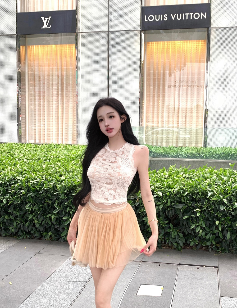 Gauze lace short skirt crochet enticement vest a set