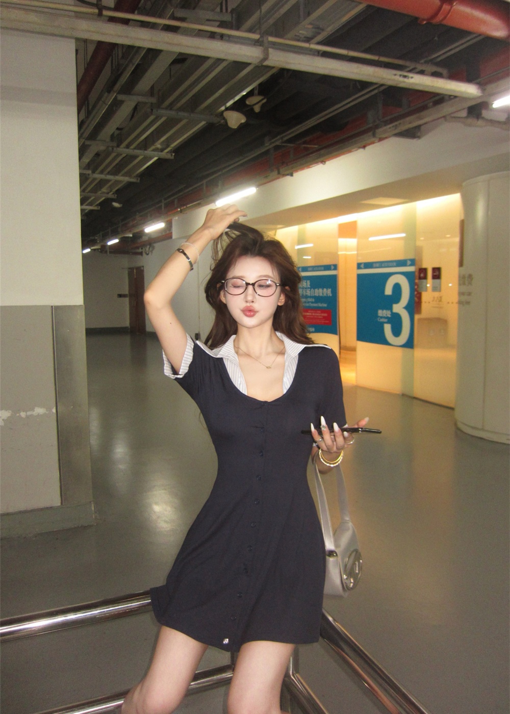 Summer splice shirt V-neck pinched waist dress