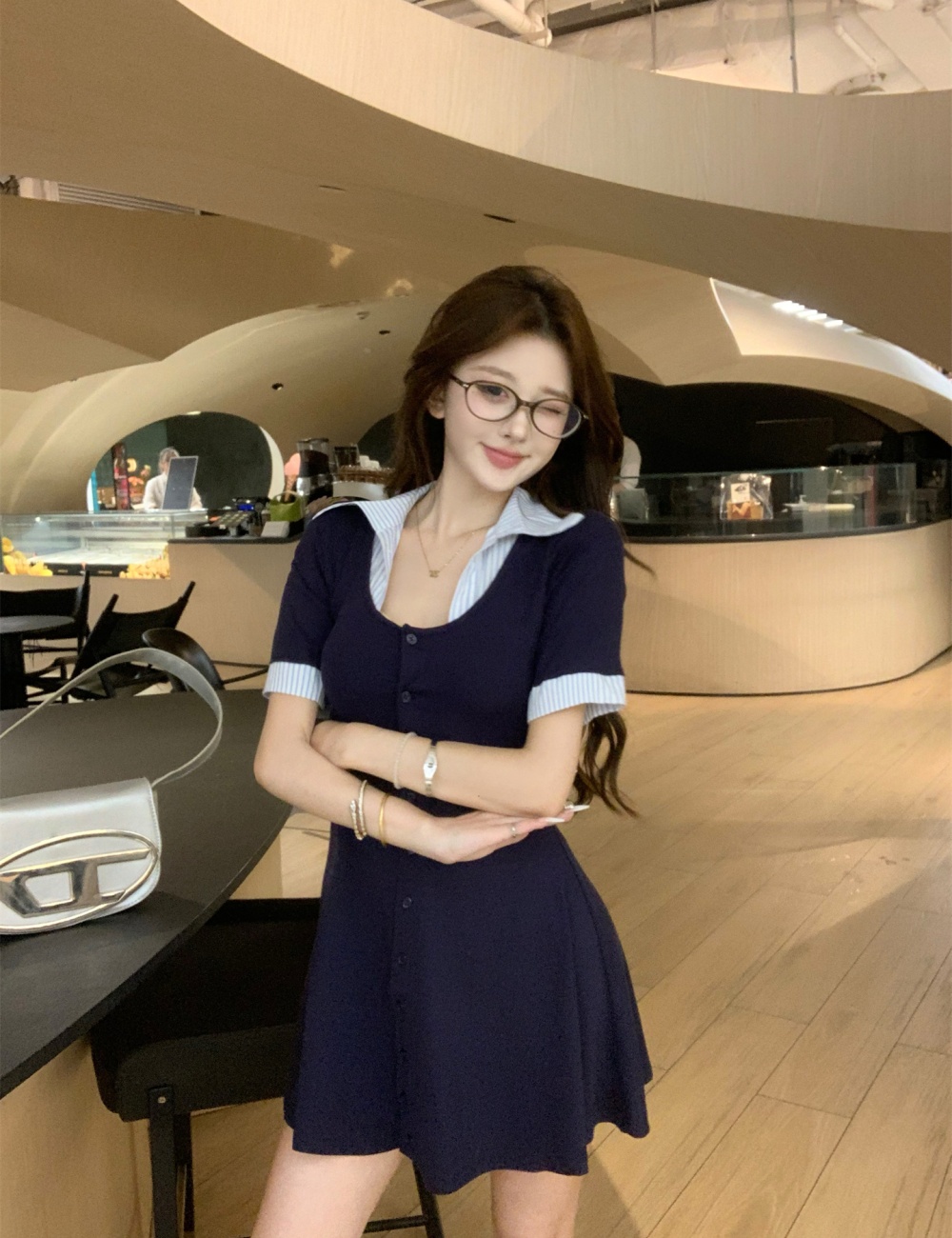 Summer splice shirt V-neck pinched waist dress