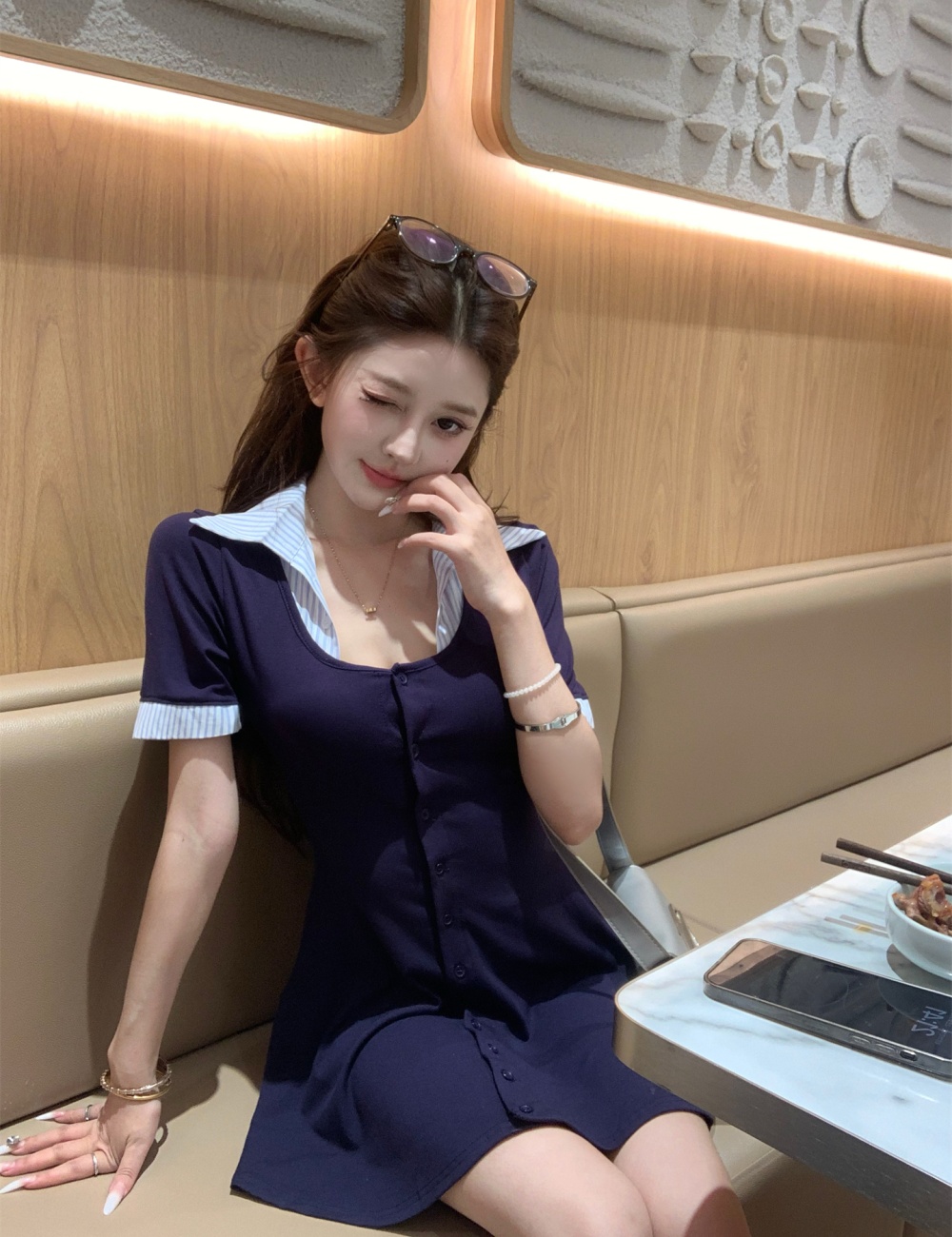 Summer splice shirt V-neck pinched waist dress