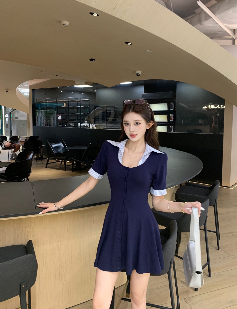 Summer splice shirt V-neck pinched waist dress