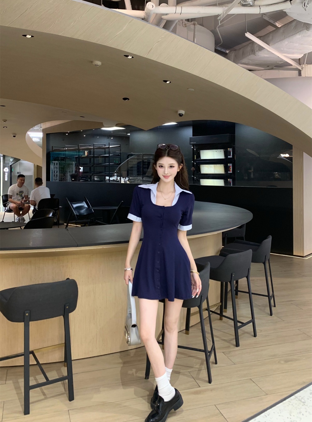 Summer splice shirt V-neck pinched waist dress