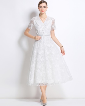Elegant short sleeve dress summer pinched waist long dress