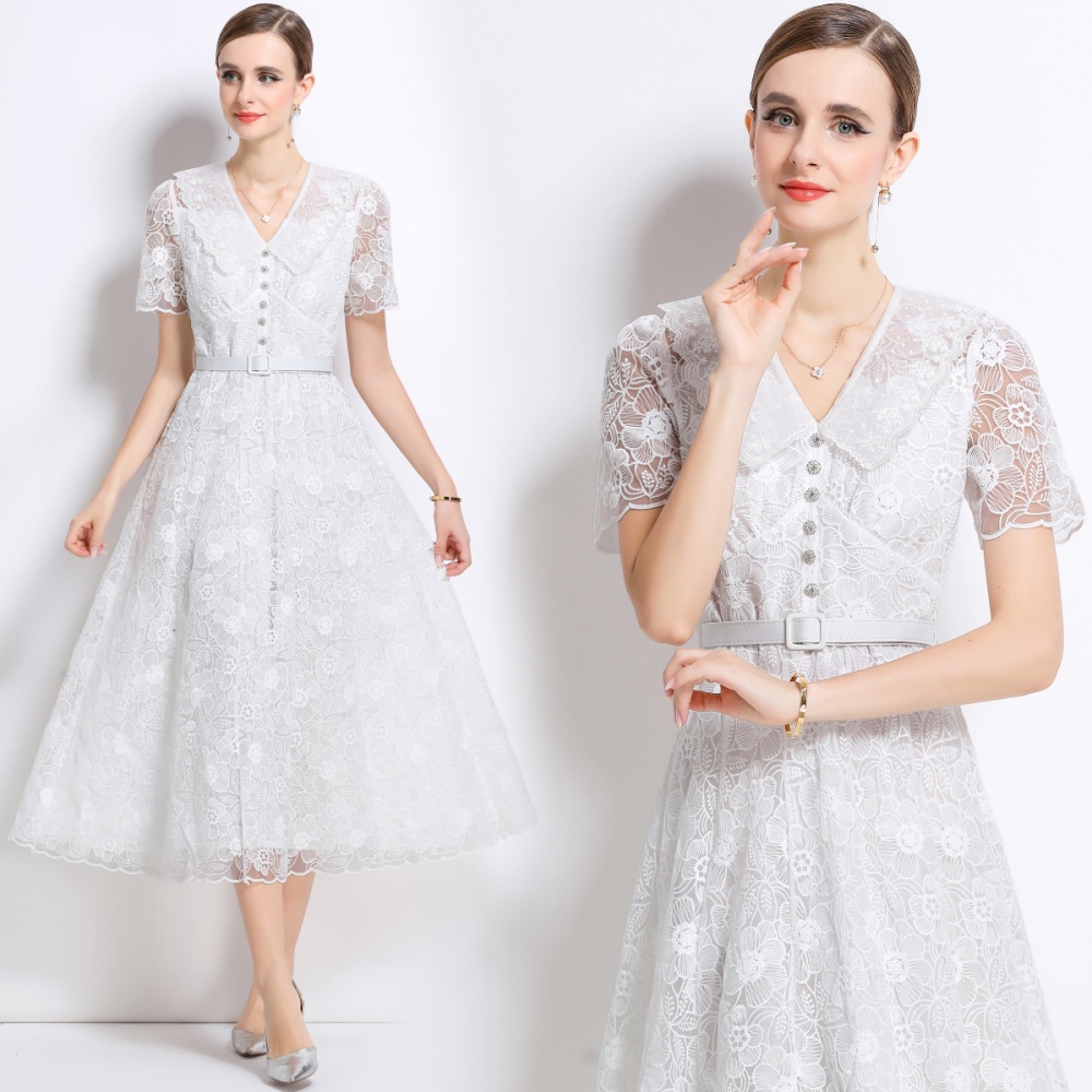 Elegant short sleeve dress summer pinched waist long dress