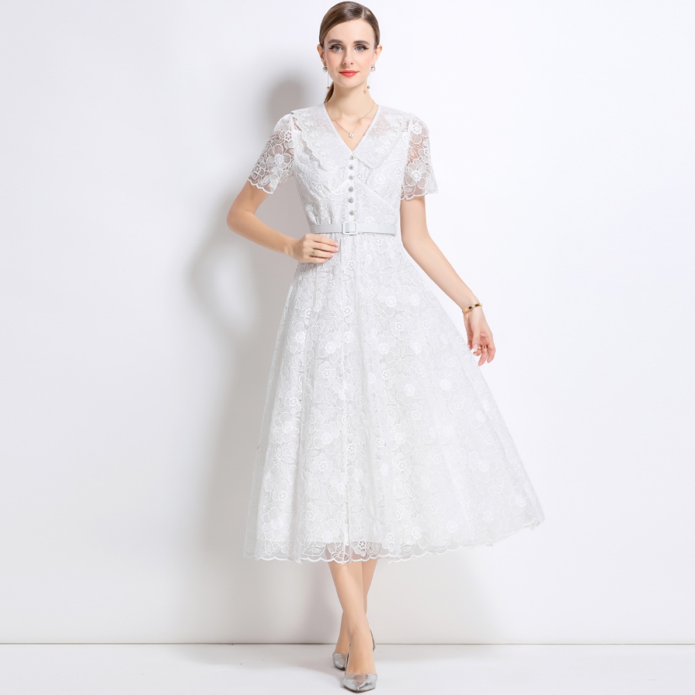 Elegant short sleeve dress summer pinched waist long dress