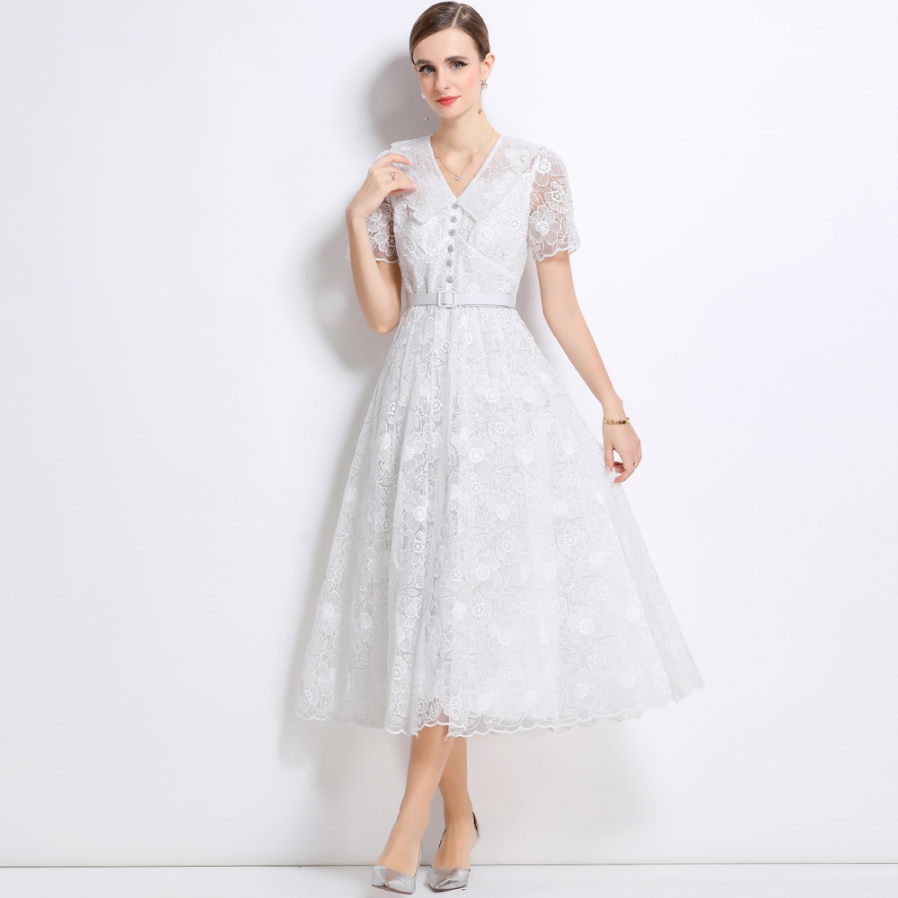 Elegant short sleeve dress summer pinched waist long dress