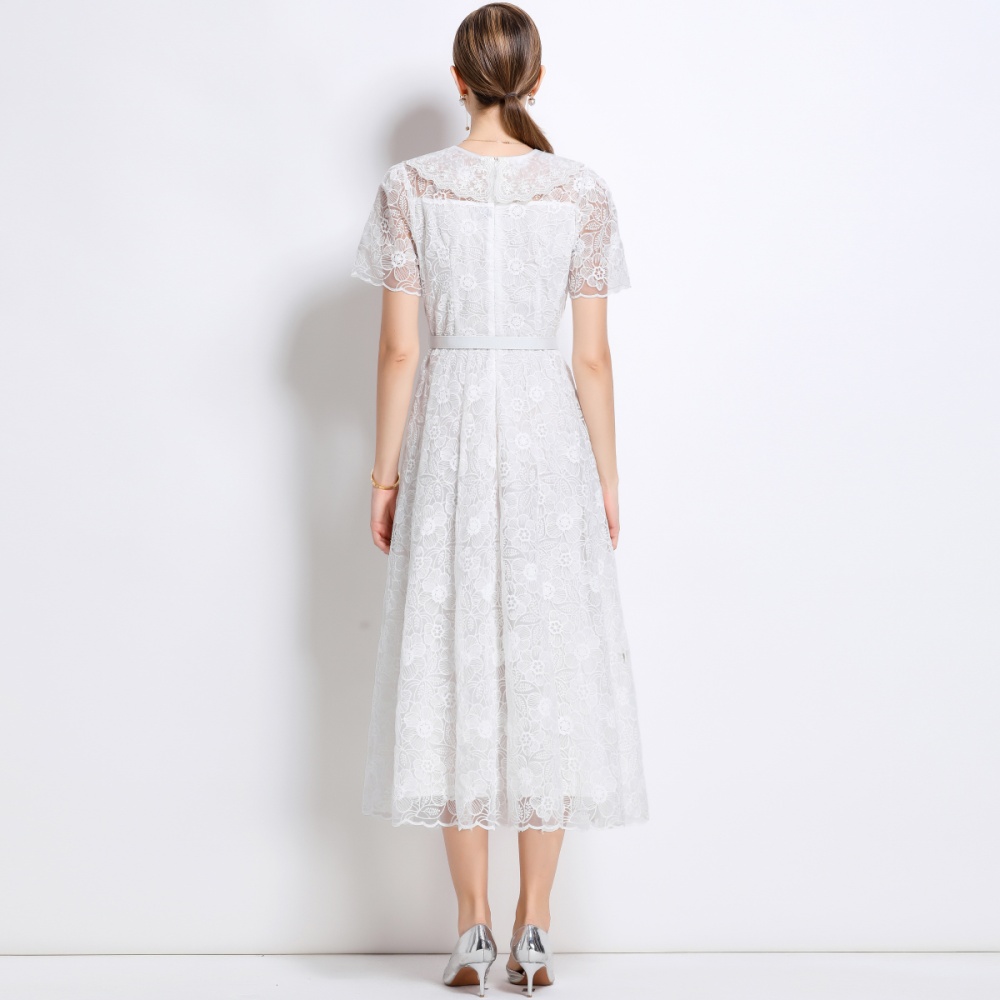 Elegant short sleeve dress summer pinched waist long dress
