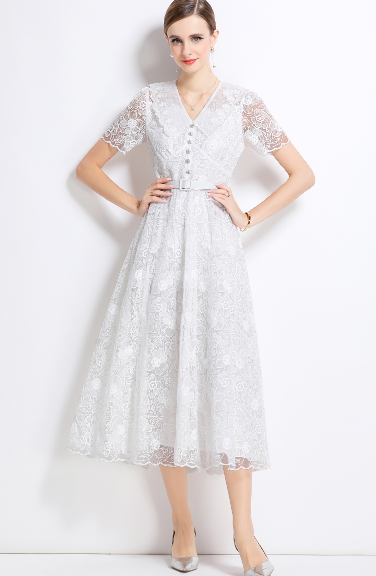 Elegant short sleeve dress summer pinched waist long dress