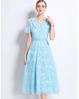 Frenum summer long dress pinched waist doll collar dress