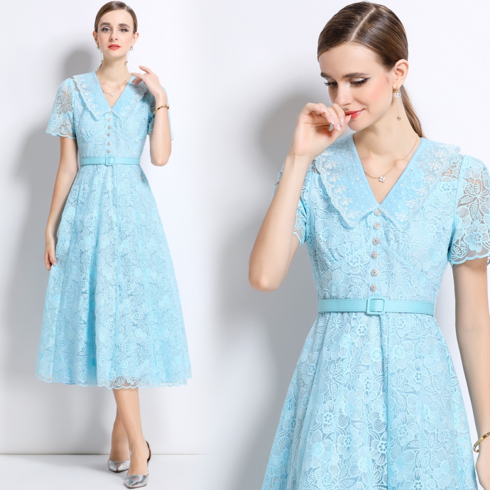 Frenum summer long dress pinched waist doll collar dress