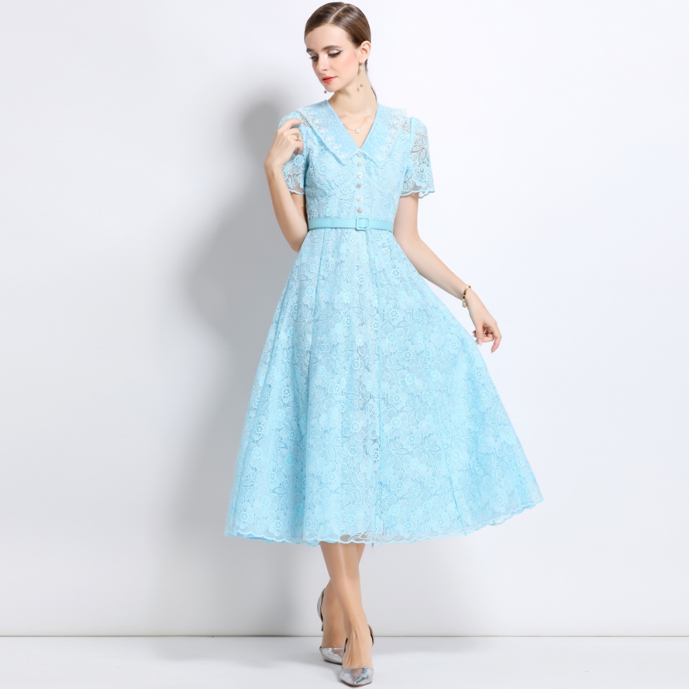 Frenum summer long dress pinched waist doll collar dress