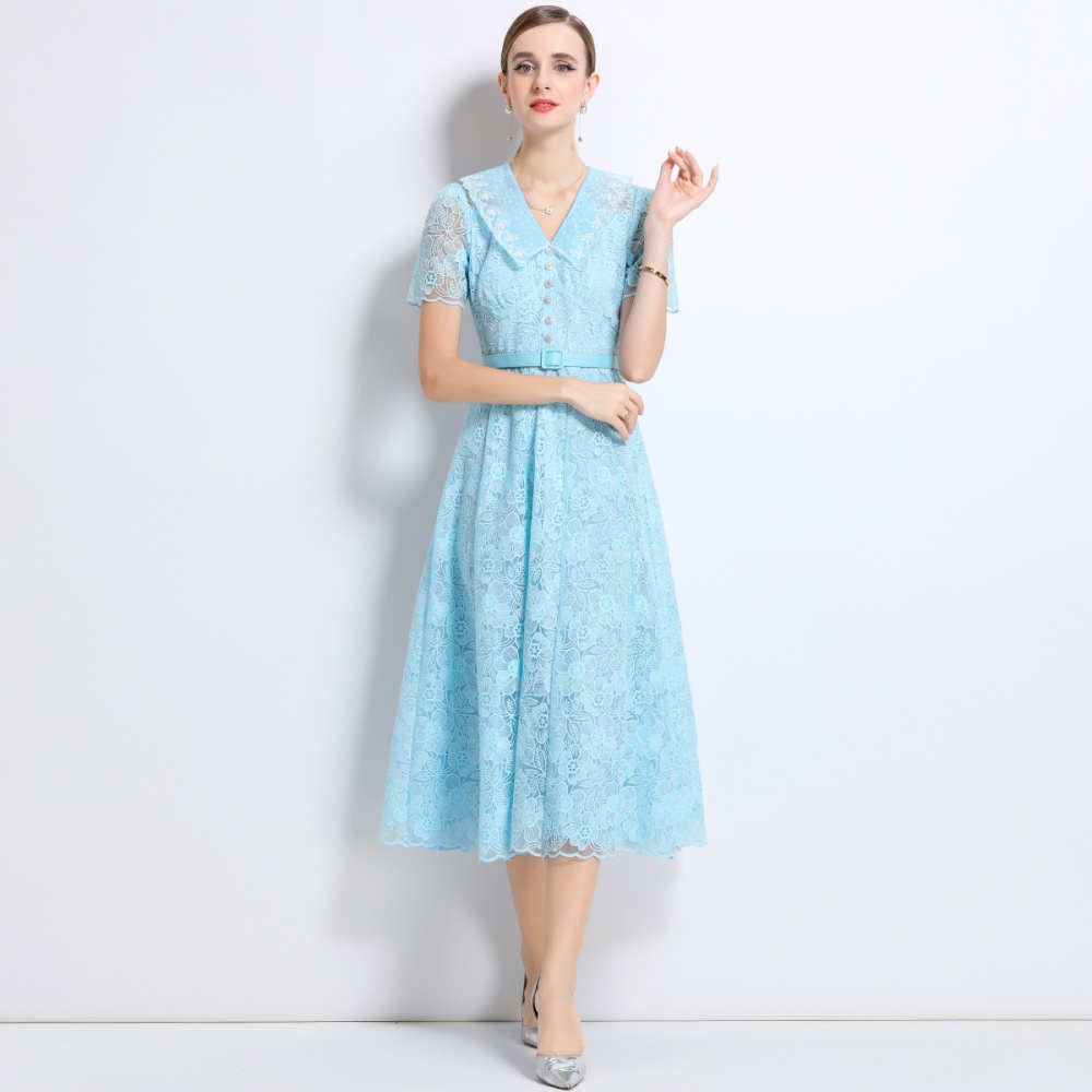 Frenum summer long dress pinched waist doll collar dress