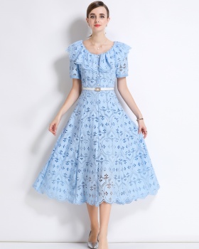 France style lotus leaf collar hollow embroidery dress