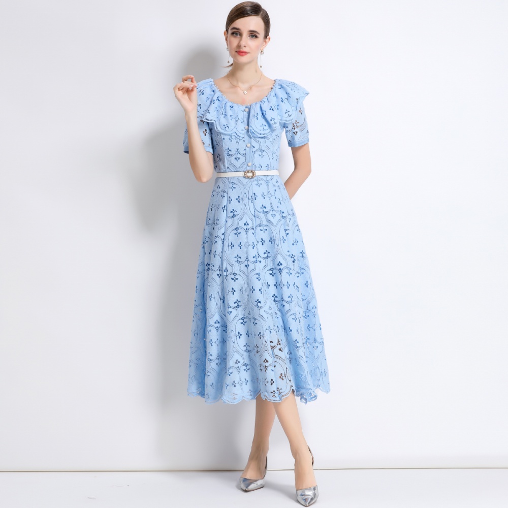 France style lotus leaf collar hollow embroidery dress