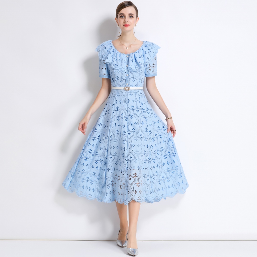 France style lotus leaf collar hollow embroidery dress