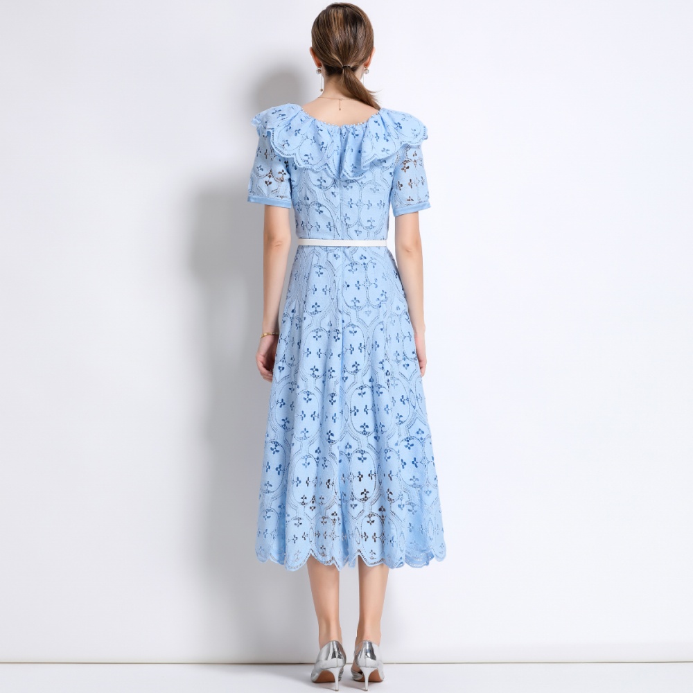 France style lotus leaf collar hollow embroidery dress