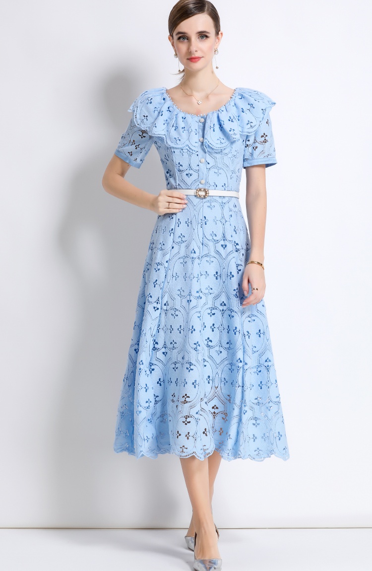 France style lotus leaf collar hollow embroidery dress