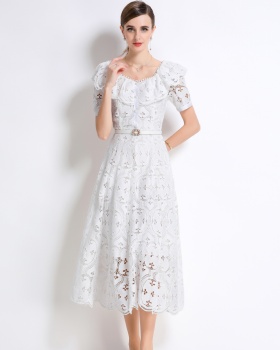 Light France style lace embroidery with belt hollow dress